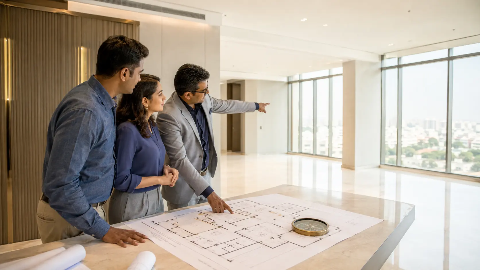 Indian property owners reviewing a real-estate plan with a Vaastu consultant