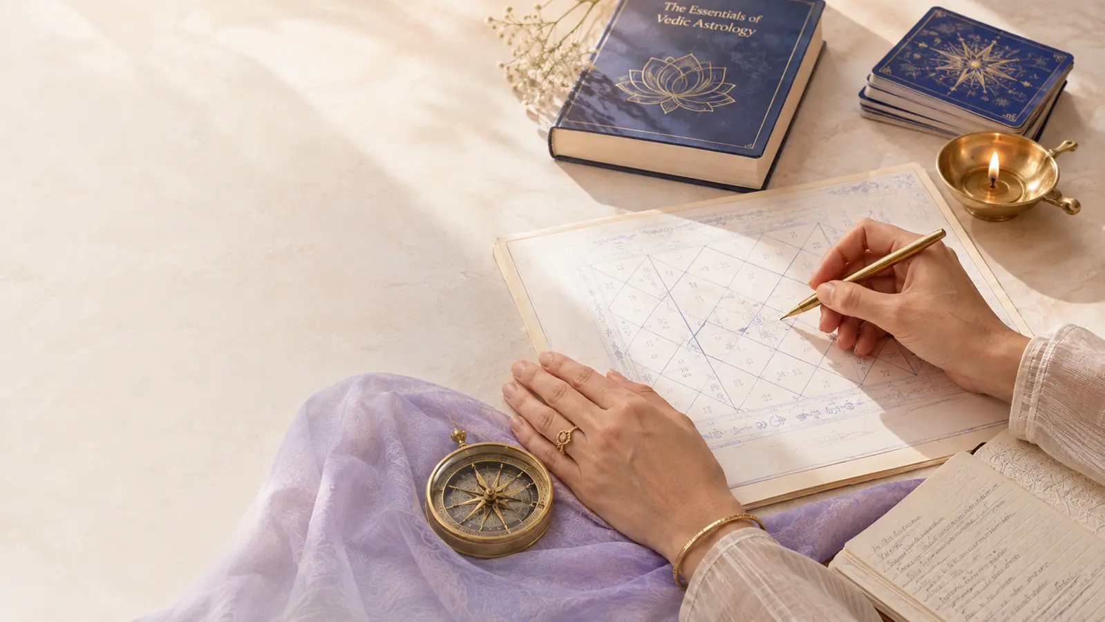 Faceless consultation workspace with Vedic chart, lamp and notebook
