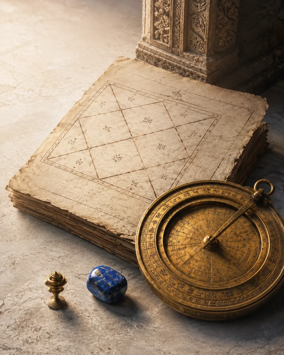 Vedic astrology chart and celestial instruments