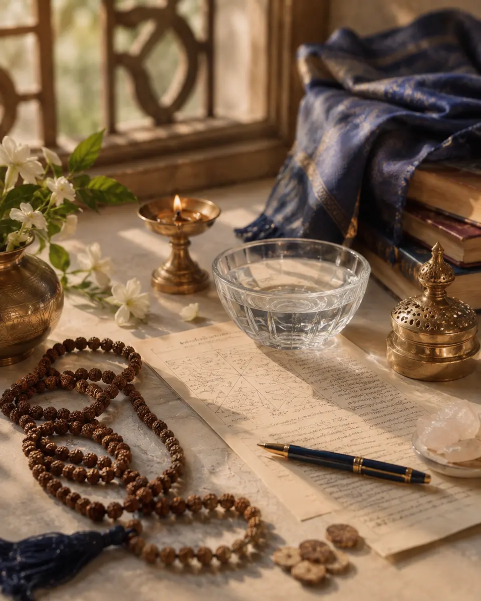 Traditional remedy objects, lamp and sacred threads