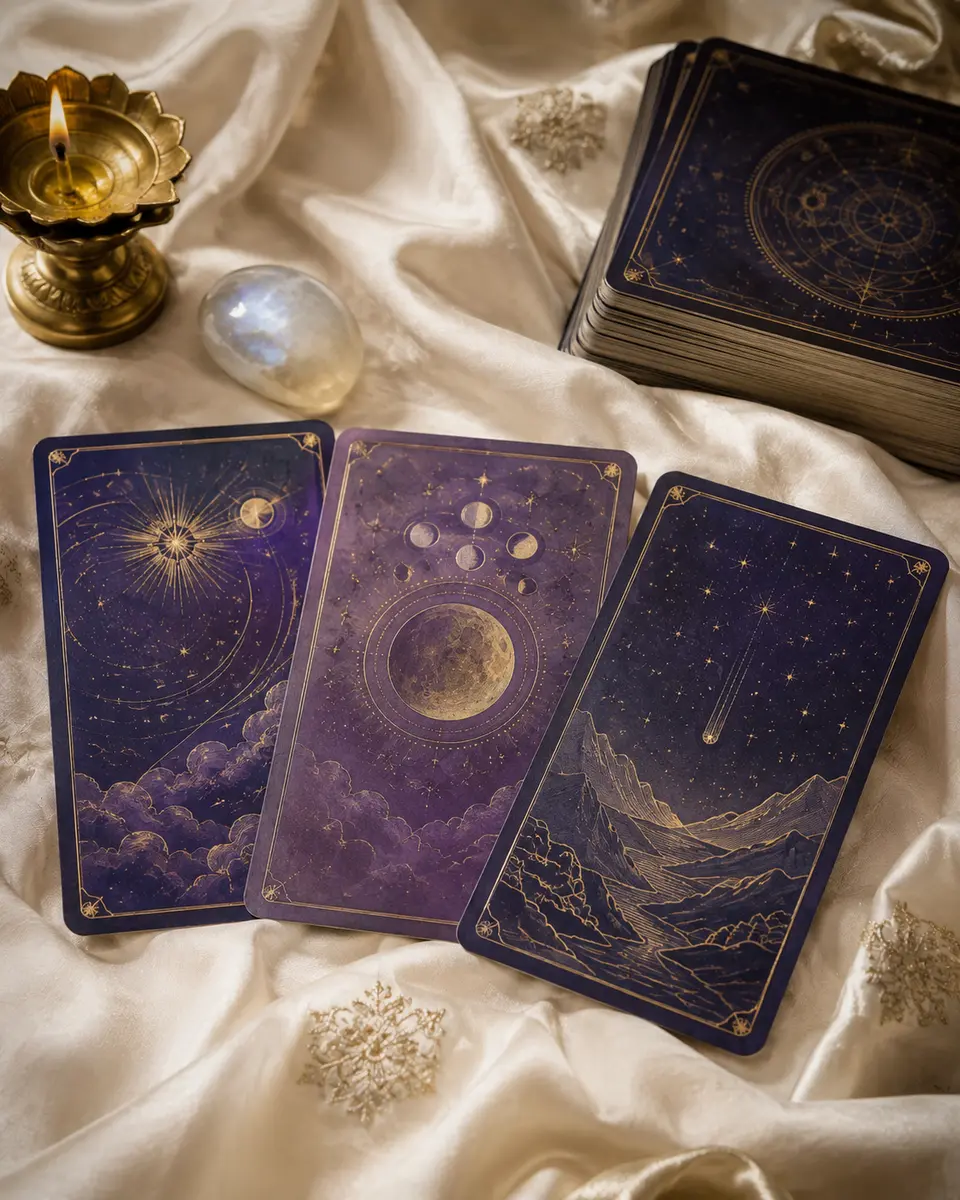 Tarot cards arranged in a refined spiritual setting