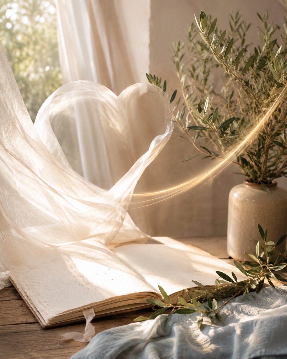 Open journal, flowing heart-shaped fabric and warm light representing peace and emotional release