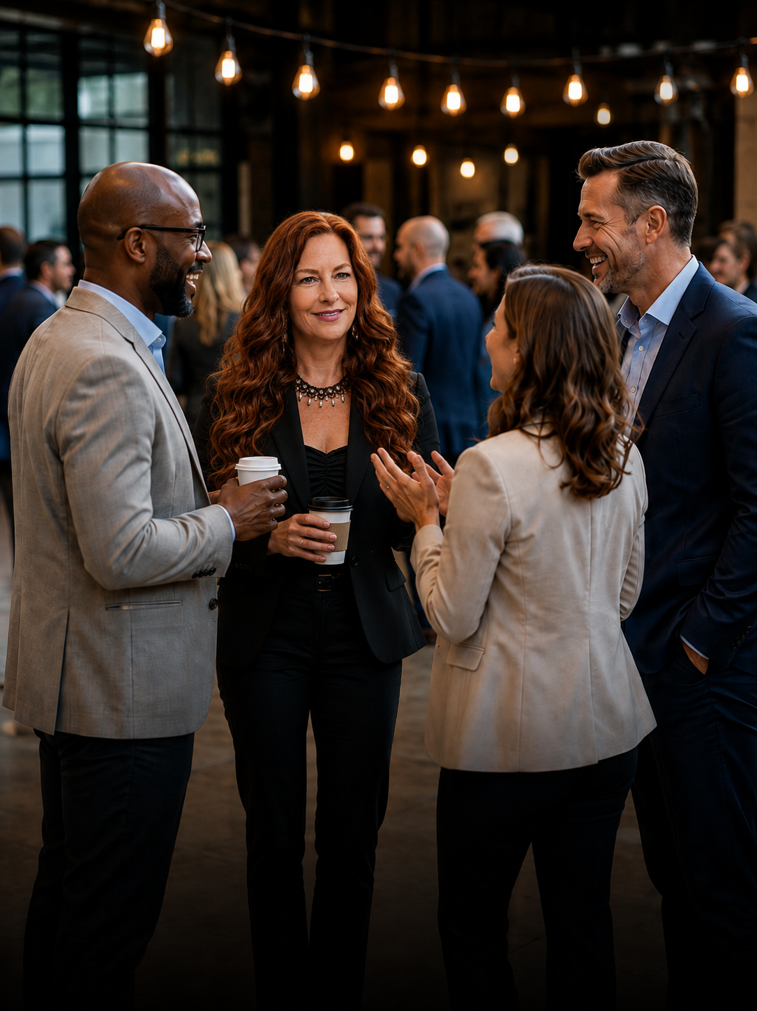Business owners and professionals actively talking and connecting at a networking event