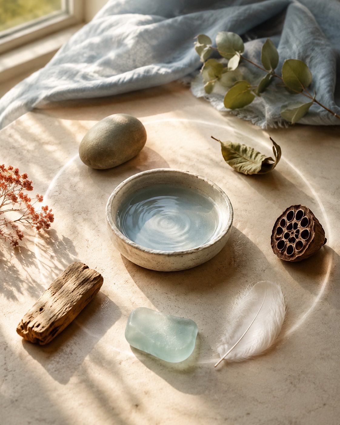 Six natural elements arranged around calm water, representing interconnected balance.