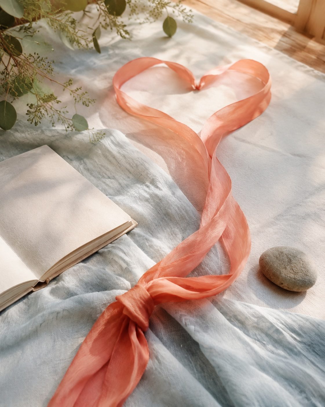 Coral heart-shaped fabric beside an open journal, representing emotional release
