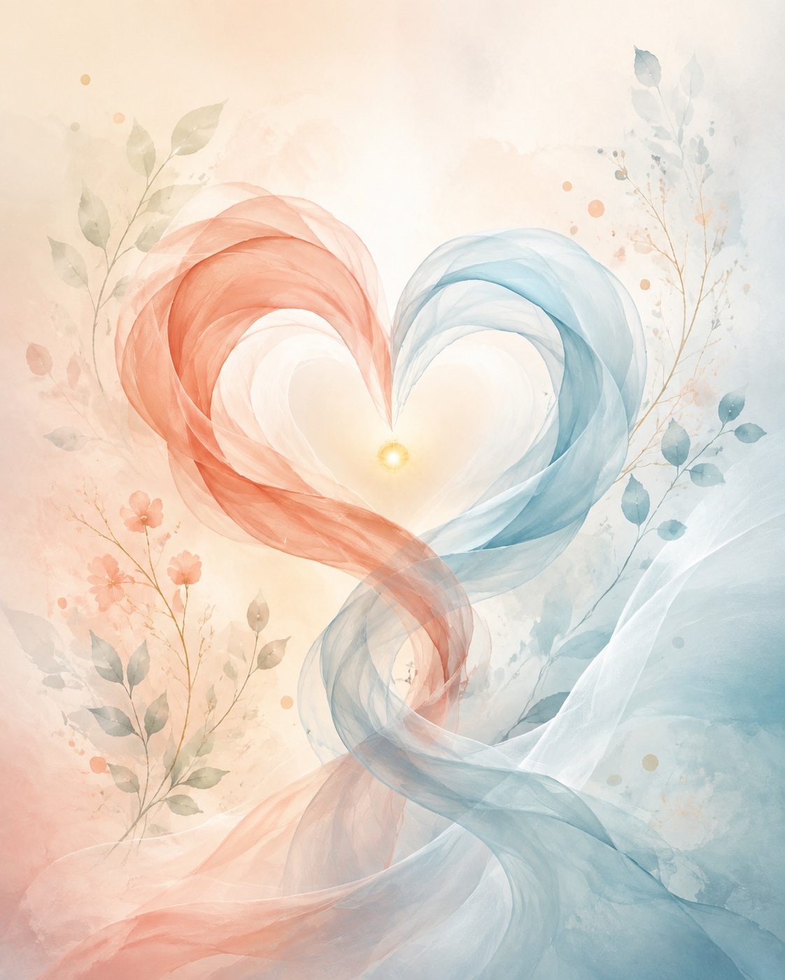 Coral and blue flowing forms joining in a heart, representing Emotion Code and Body Code working together.