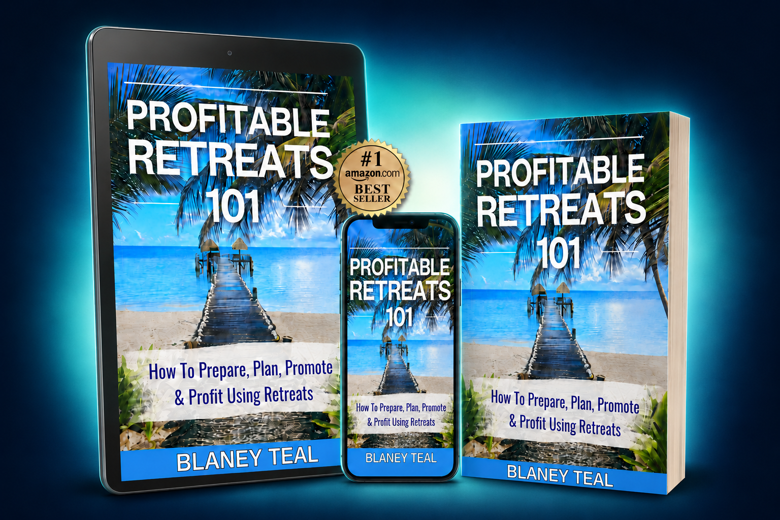 Profitable Retreats 101 digital PDF shown on a tablet and phone beside the paperback book