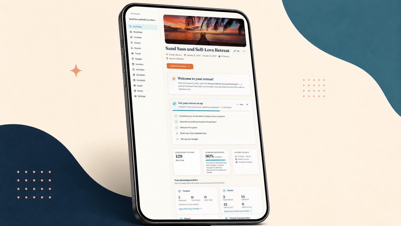 Retreat Planner Pro dashboard with planning tools and retreat overview