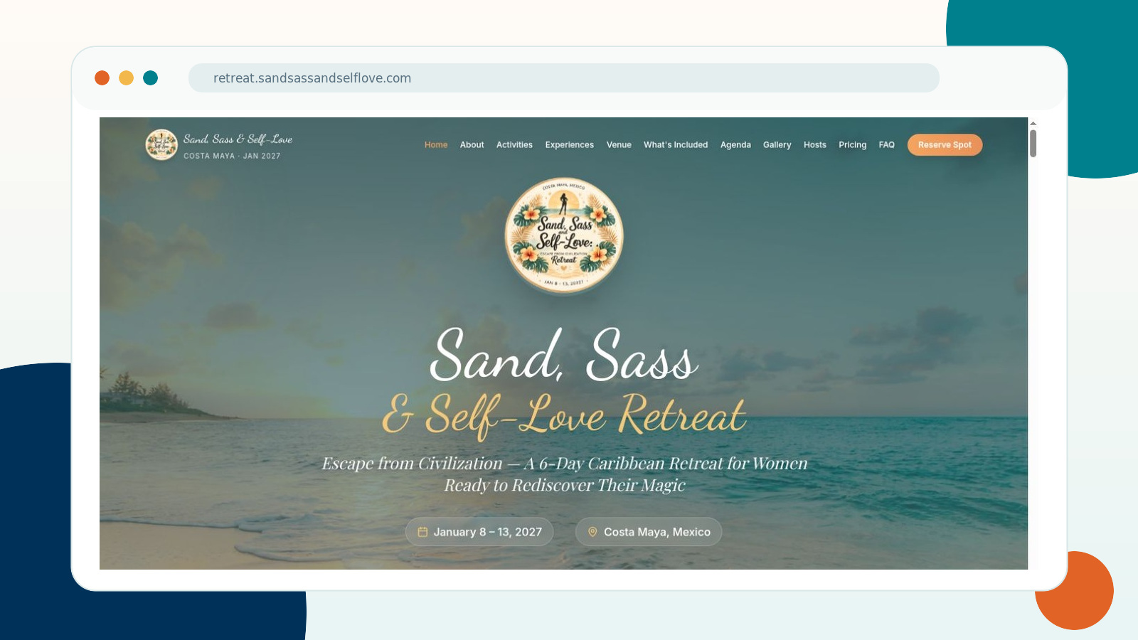 Sand, Sass and Self-Love retreat website homepage
