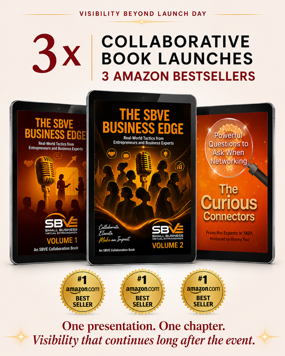 Three SBVE and MBX collaborative book covers shown on tablets with Amazon bestseller badges