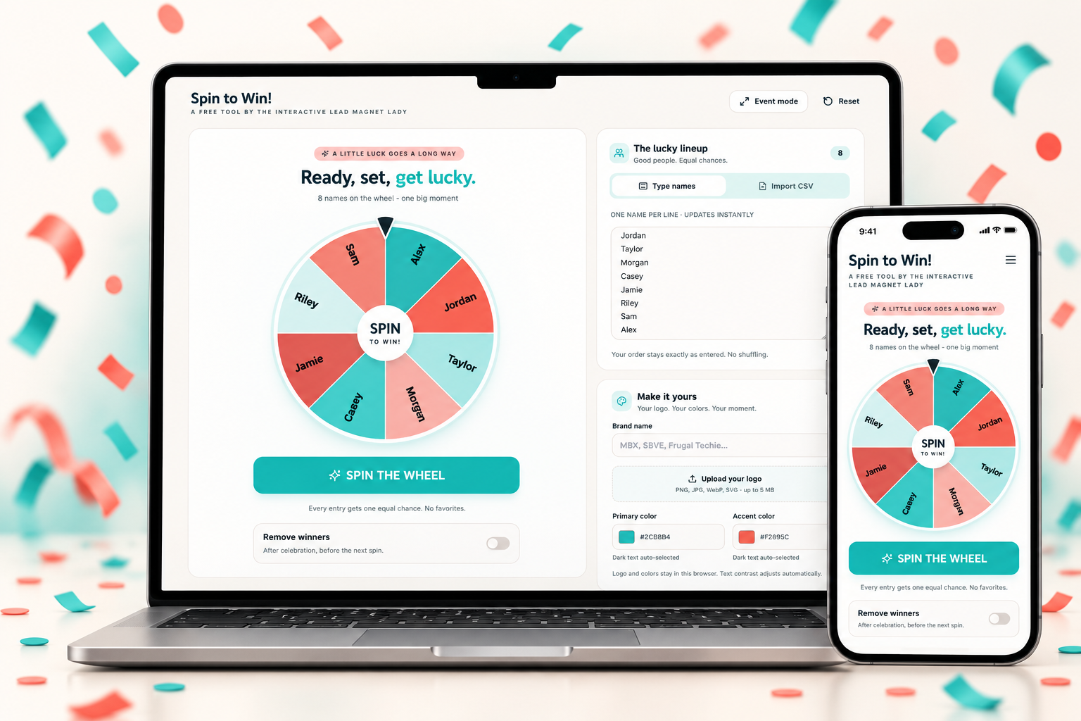 Spin to Win free prize wheel shown on a laptop and phone with teal and coral confetti