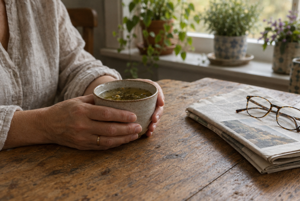 Hände einer Frau halten eine Tasse Tee am Küchentisch, daneben Zeitung und Lesebrille