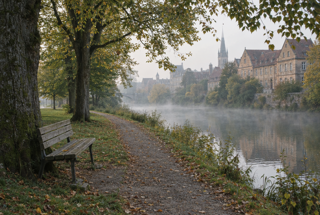 Ruhiger Uferweg am Morgen mit einer leeren Holzbank unter Bäumen