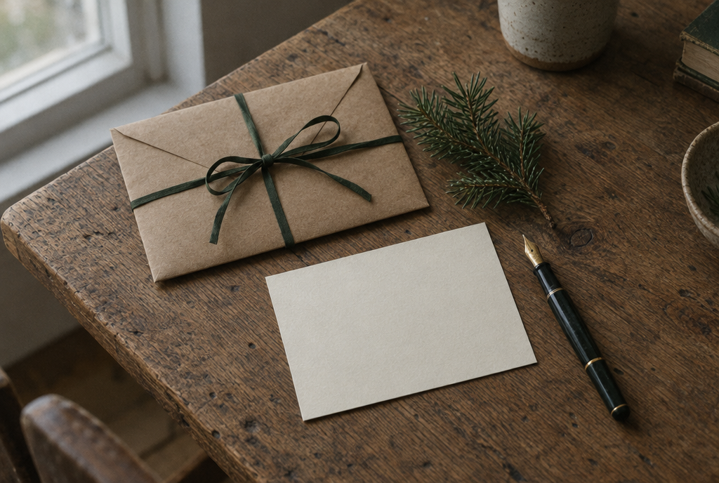 Ein Umschlag aus Packpapier mit grünem Band, daneben ein Tannenzweig und ein Füller