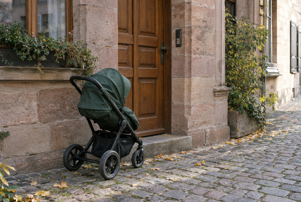 Kinderwagen vor einer Haustür aus Sandstein, Herbstlaub auf dem Kopfsteinpflaster