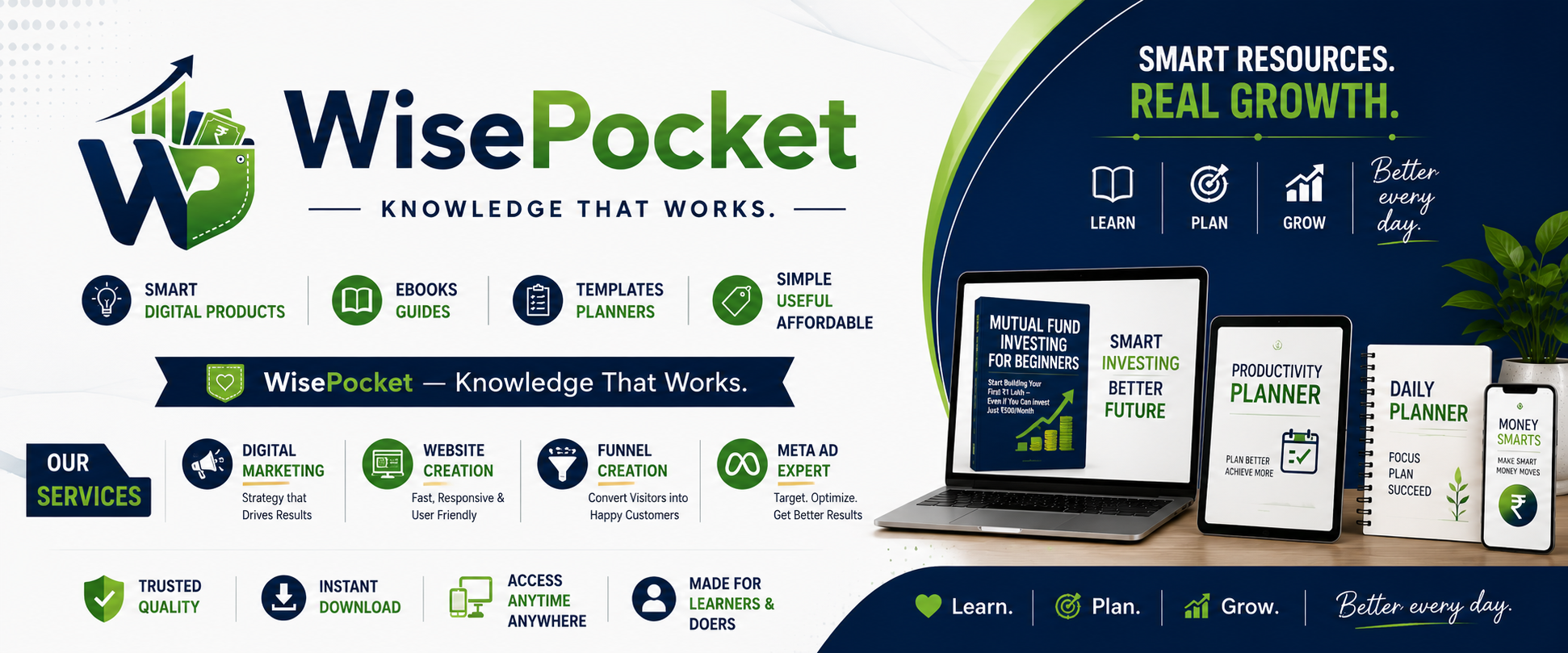 WisePocket workspace with digital products, laptop and planning tools