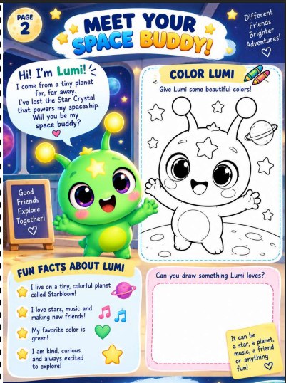 My First Space Mission interior page — letter and pattern challenges