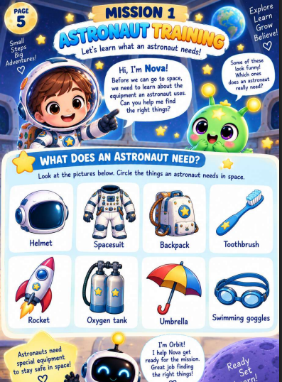 My First Space Mission interior page — story-driven printable activity