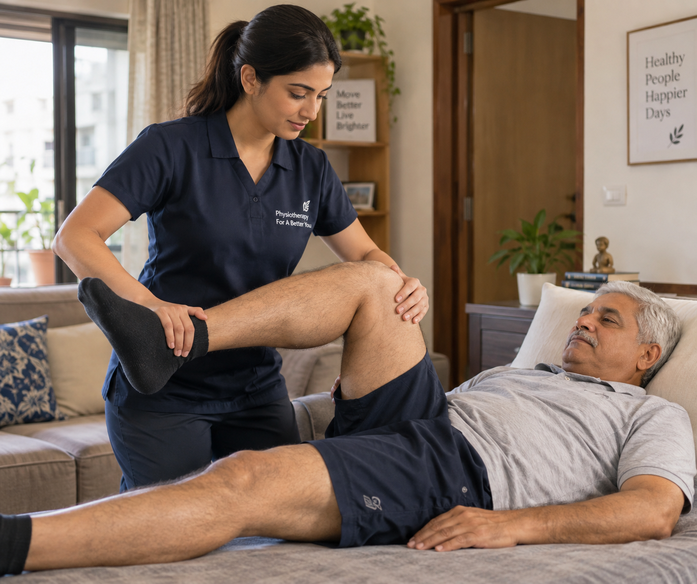 Physiotherapist at Deep Physiotherapy & Rehabilitation Center guiding a patient through a supported knee stretch at home