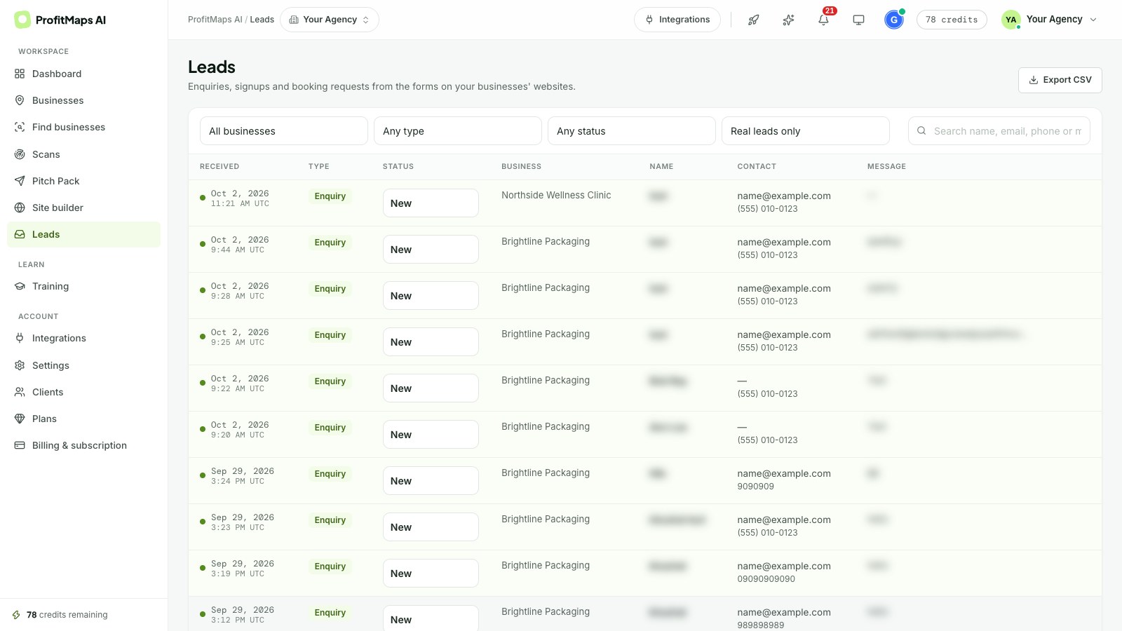 Leads inbox with type and status (names blurred)