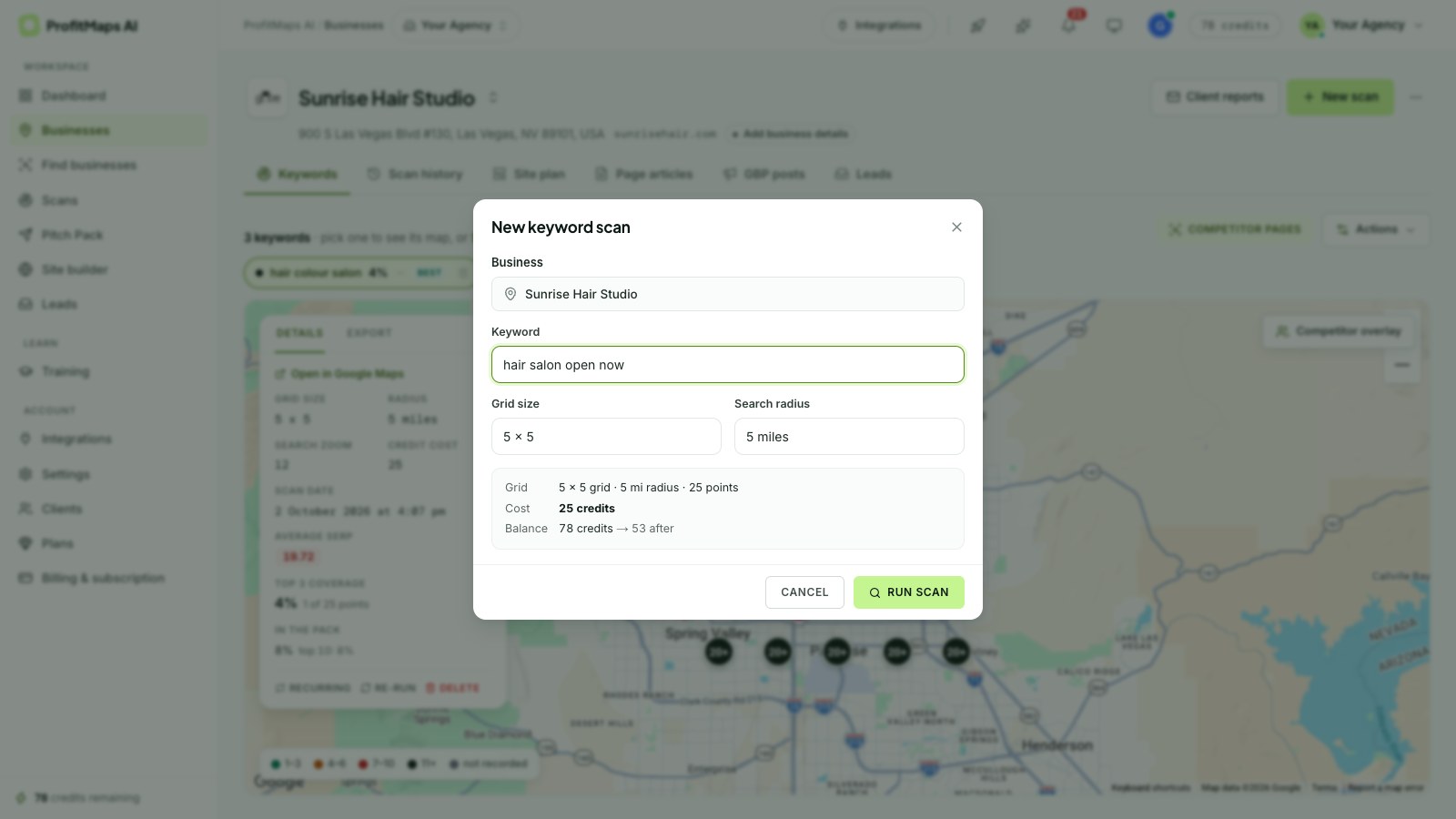New keyword scan: 5×5 default grid, radius, credit cost and balance before you run it