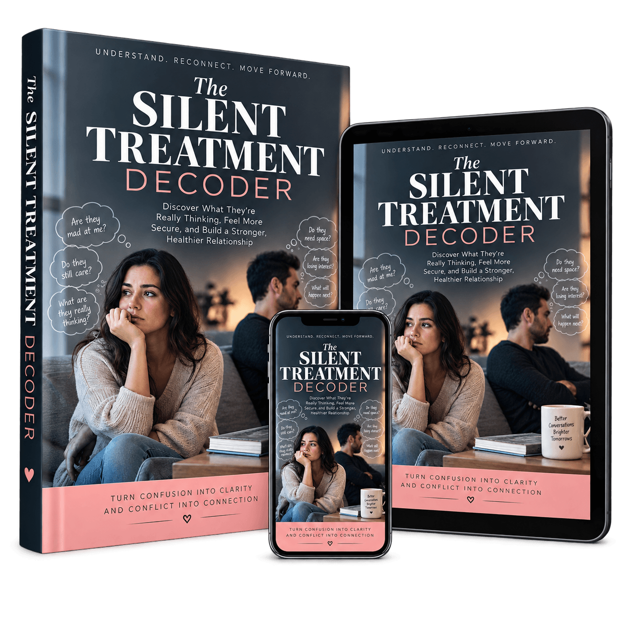 The Silent Treatment Decoder displayed as a book, tablet, and mobile mockup