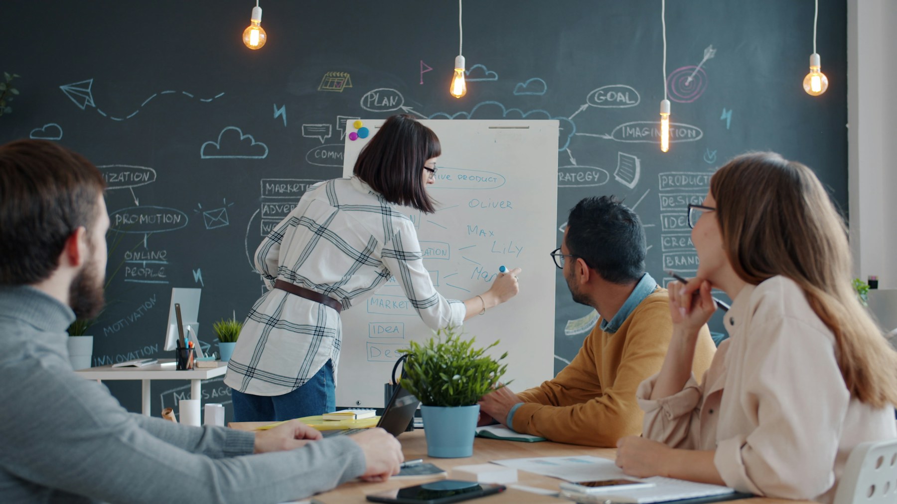 Creative team planning at a whiteboard