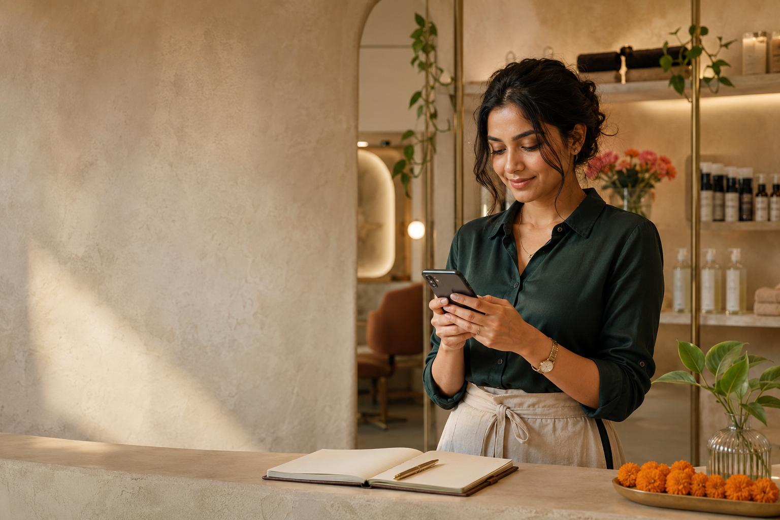 Indian salon owner confidently managing customer enquiries on her phone