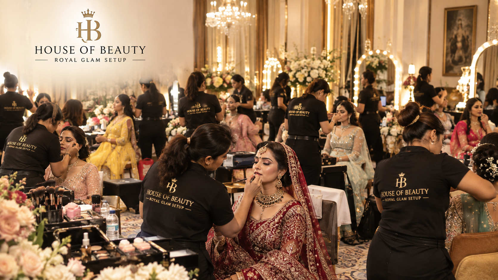 House Of Beauty Royal Glam Setup team providing luxury wedding makeup services to multiple clients