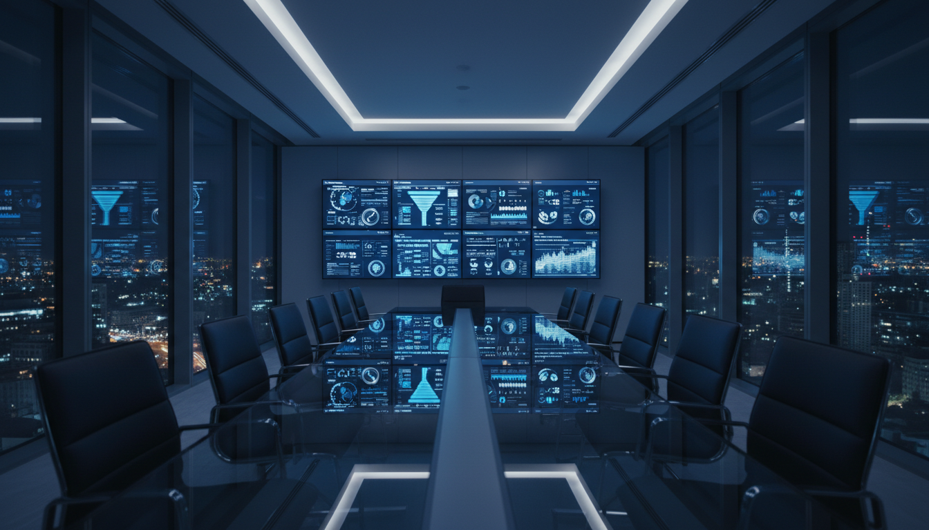 Executive strategy room with data screens and business planning