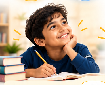 Happy school-age student enjoying learning and remembering