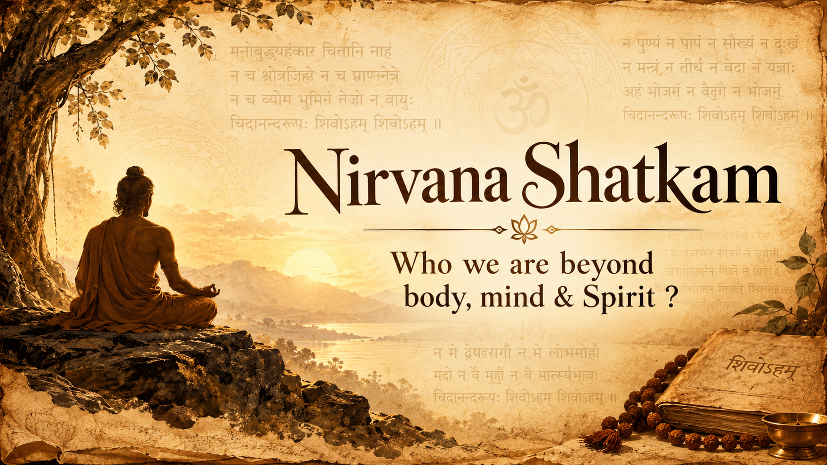 Nirvana Shatkam — a meditating sage overlooking mountains at sunrise, who we are beyond body, mind & Spirit