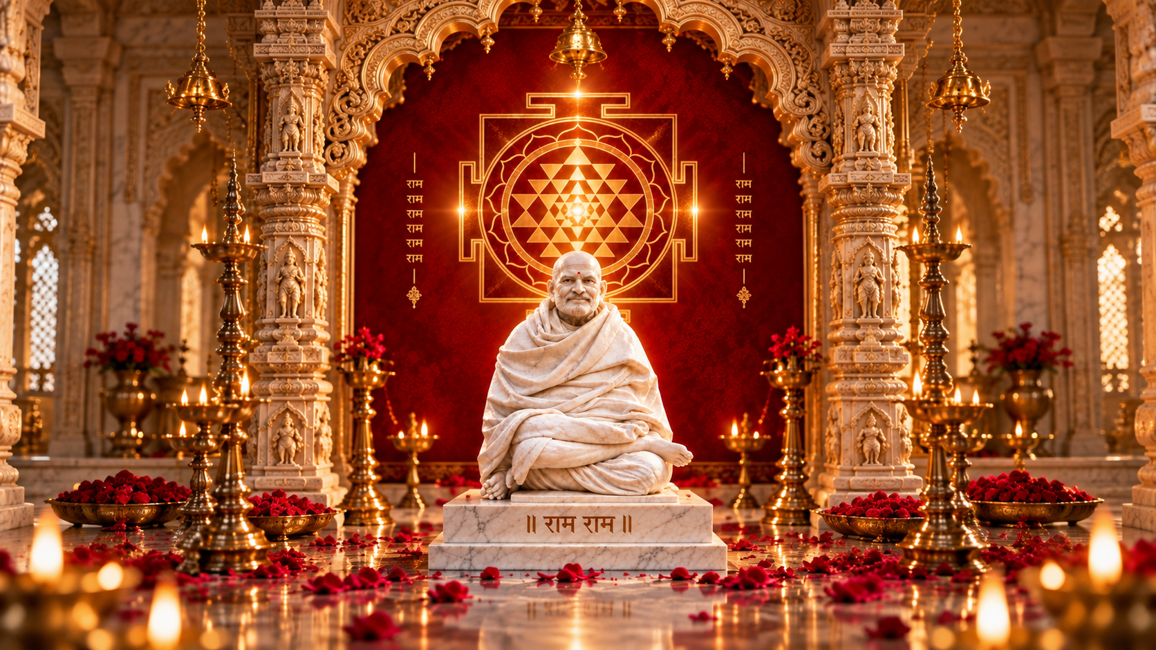Neem Karoli Baba murti in a marble temple hall with brass lamps, red rose petals and a glowing Shri Yantra