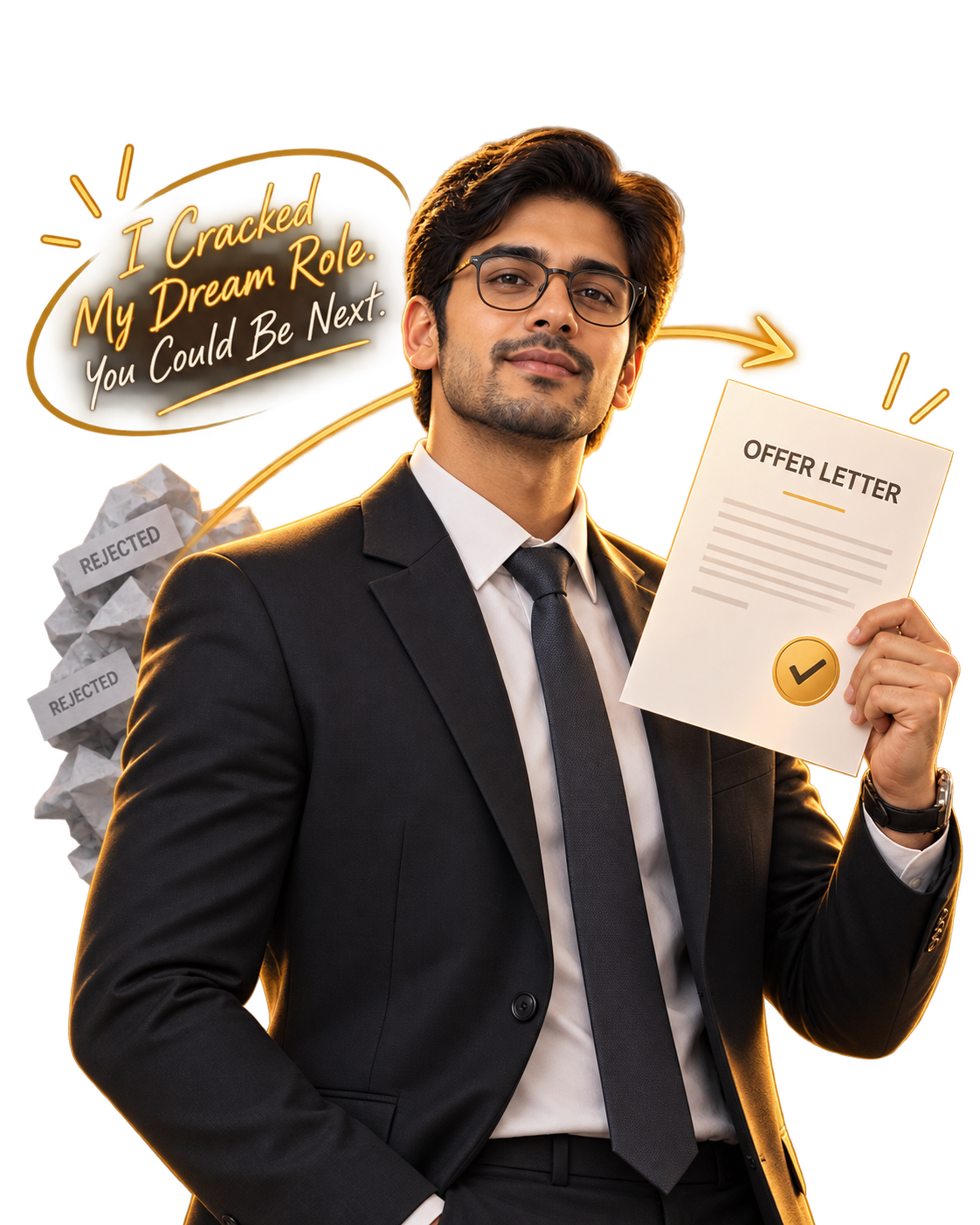 A professional man in a suit smiling and holding an offer letter with a gold checkmark seal, with a stack of rejected papers behind him and text reading I cracked my dream role, you could be next.