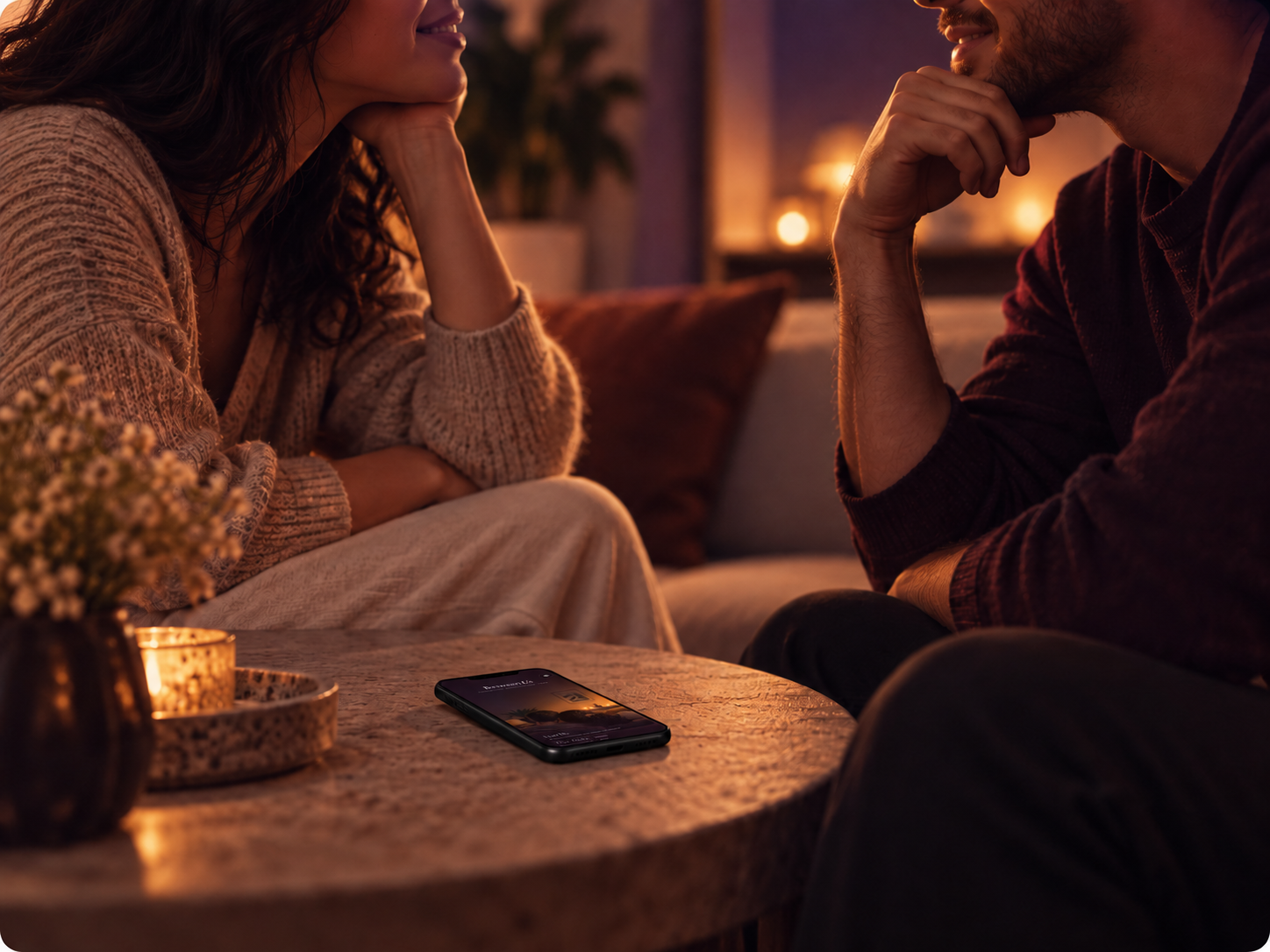 Two people at a table with a phone resting between them
