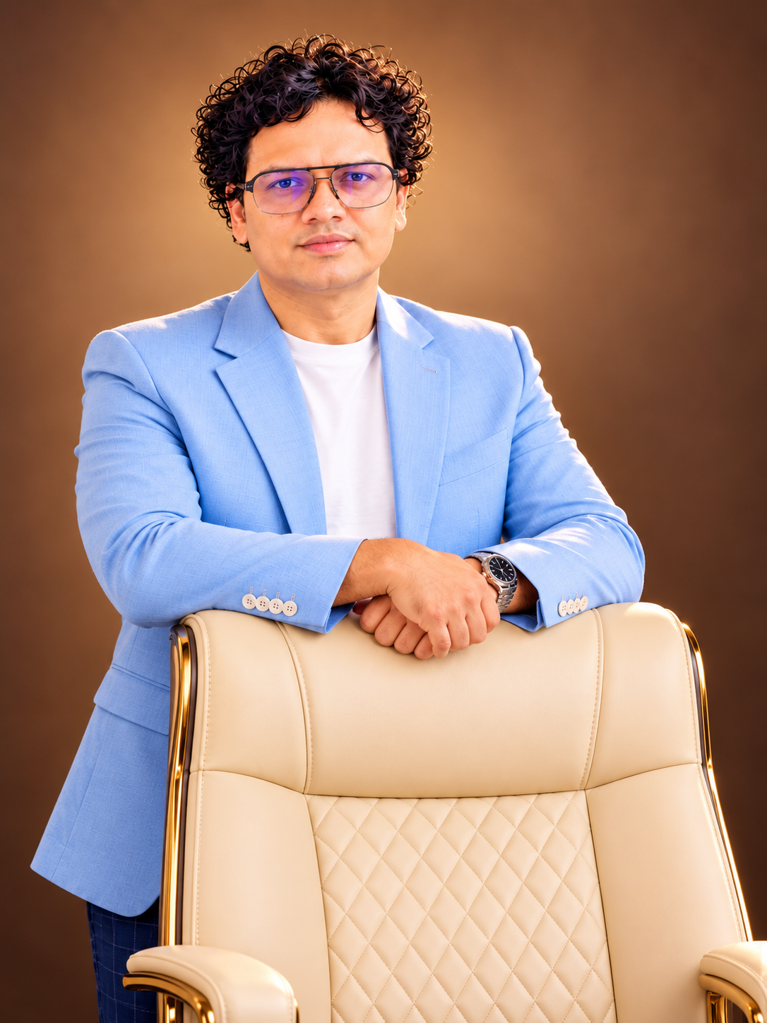 Dr Naveen, Doctor and Graphologist, in a light blue blazer leaning on a cream leather chair