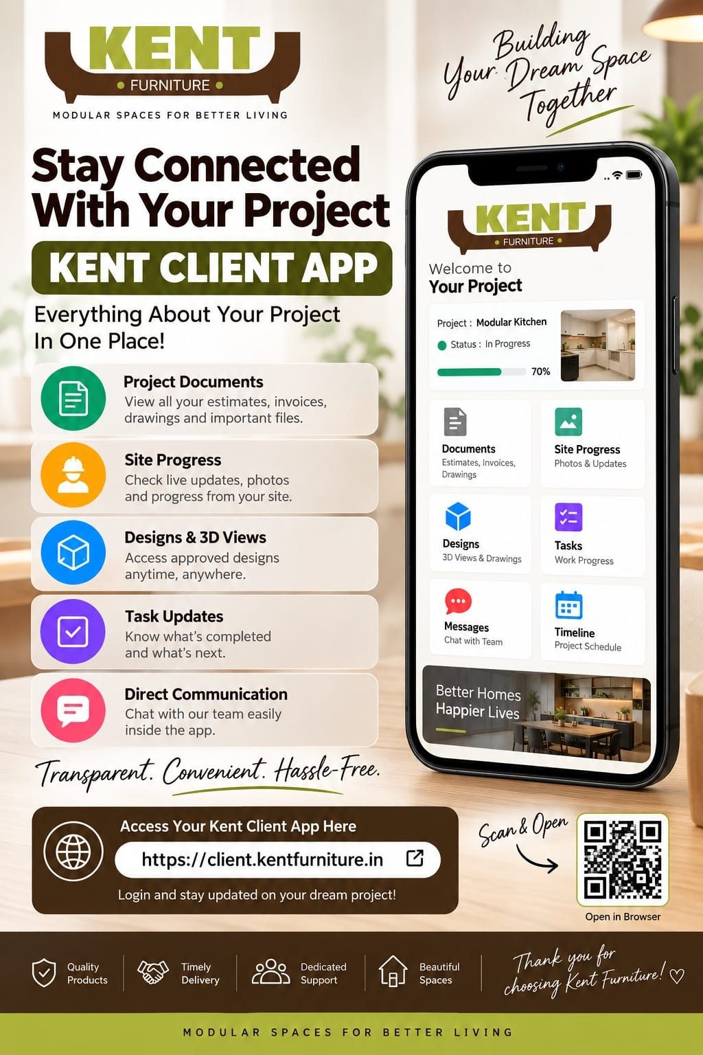KENT Client App features: project documents, progress photos, 3D designs, tasks and messages