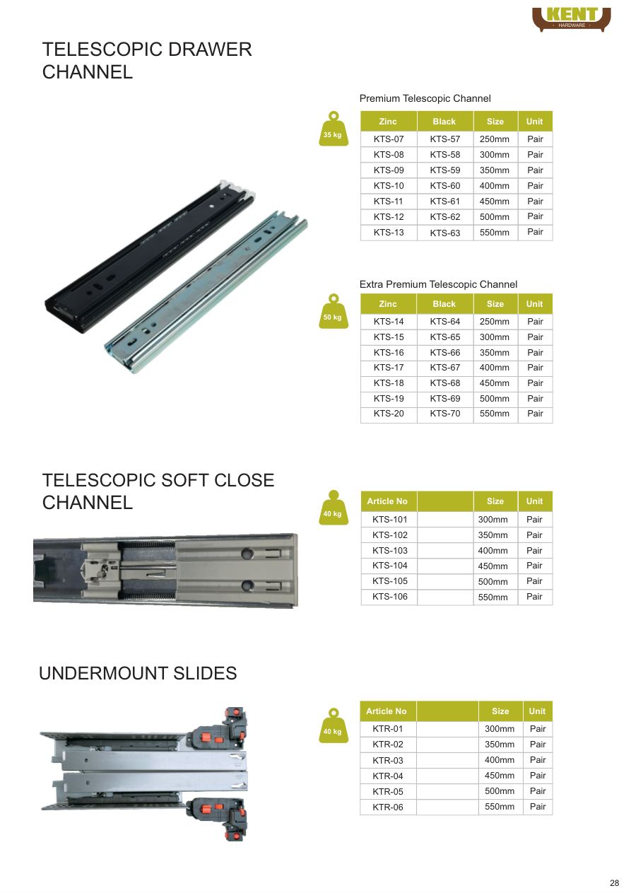KENT Hardware Telescopic Channels & Undermount catalogue page 31