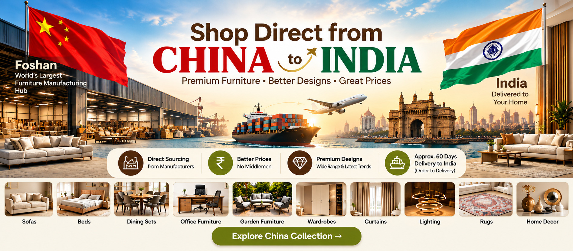 Shop Direct from China to India – premium furniture, categories and approximately 60 days delivery