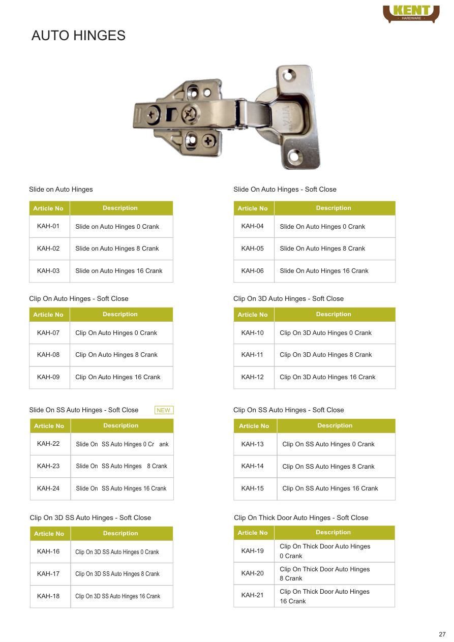 KENT Hardware Auto Hinges catalogue page 30