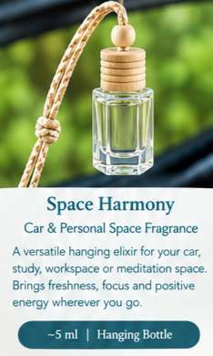 Space Harmony elixir in a hanging bottle for car and personal space fragrance