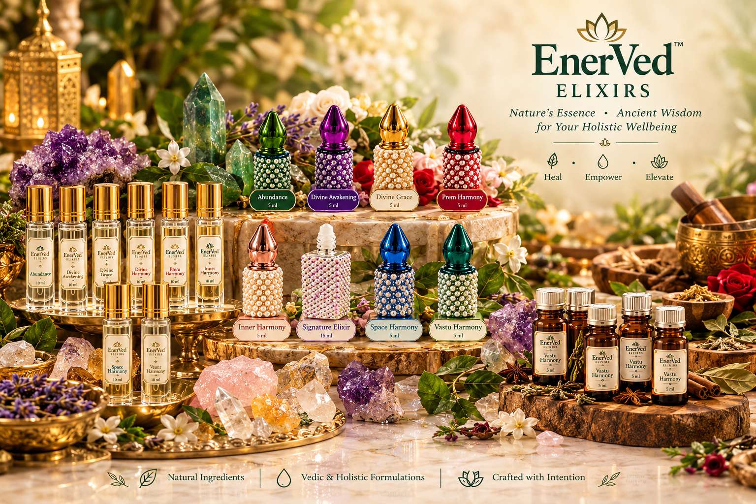The EnerVed Elixir collection — studded decorative bottles, the 10 ml glass range and Vastu application bottles arranged with flowers, crystals and herbs
