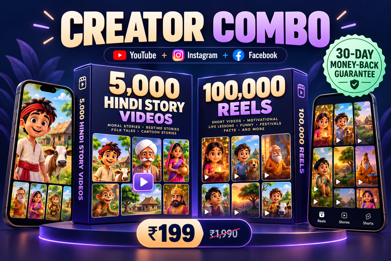 Creator Combo digital product mockup: 5,000 Hindi story videos, 100,000 reels for YouTube, Instagram and Facebook, ₹199 with a 30-day money-back guarantee