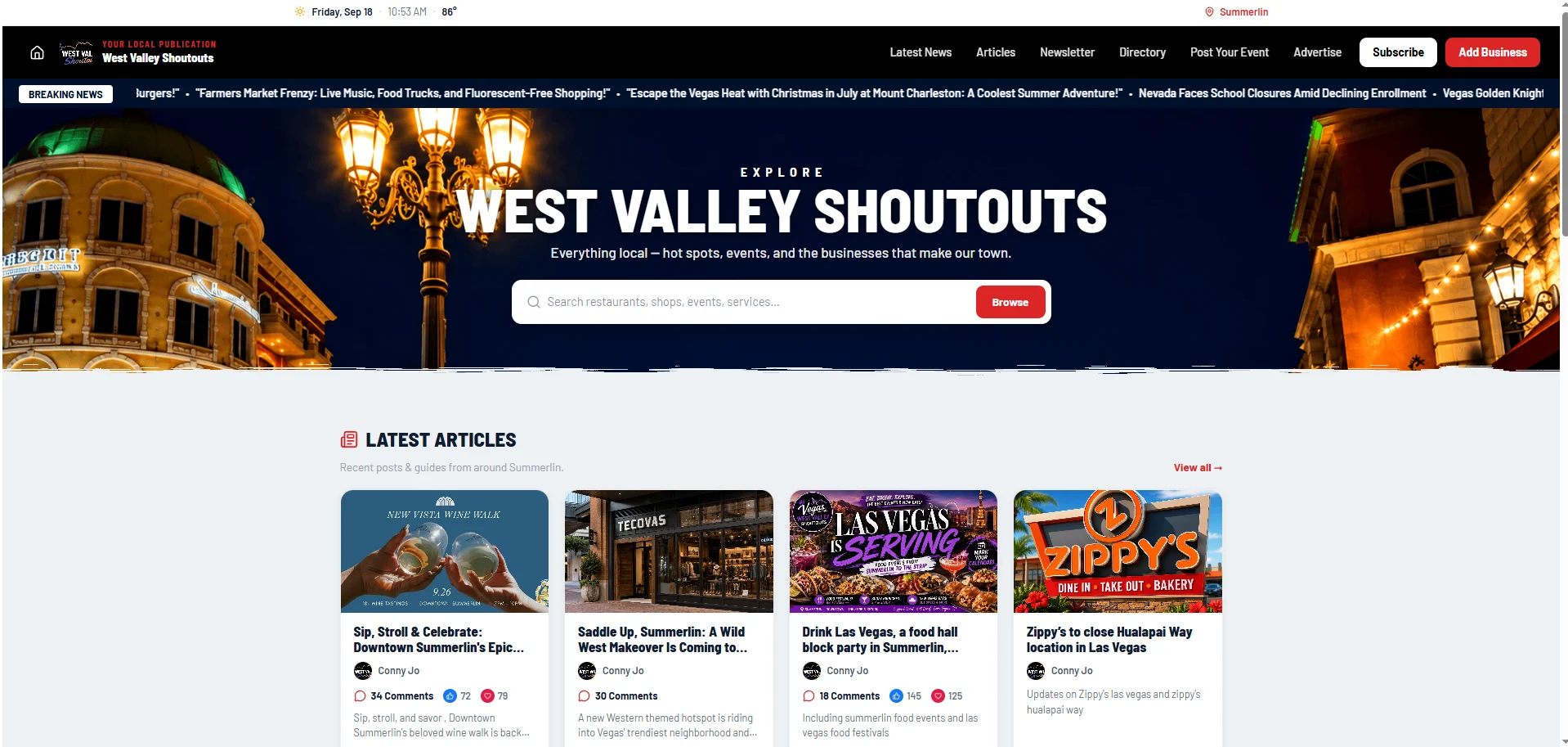 A live local media publication built with Local Media Empire, showing its masthead, breaking news ticker and latest local articles