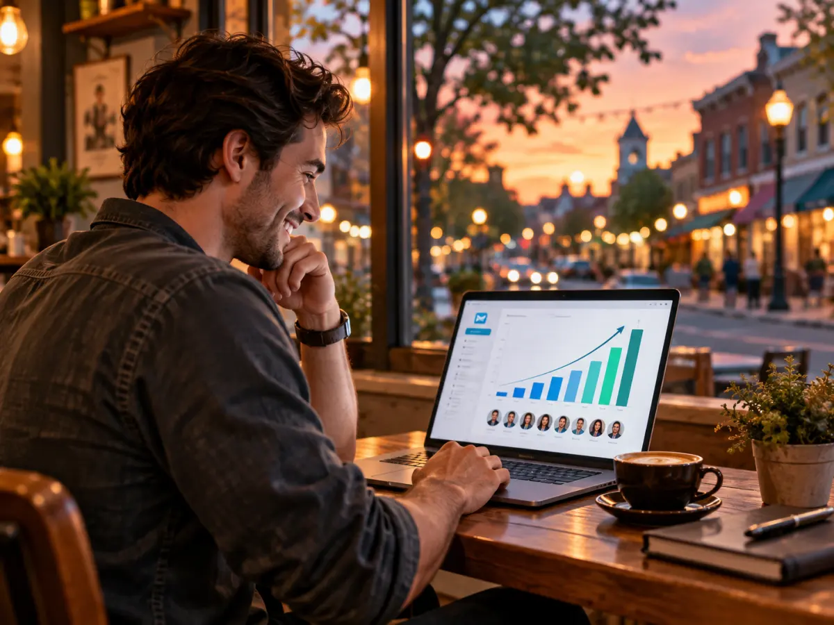 A local newsletter owner reviewing a growing subscriber list on a laptop