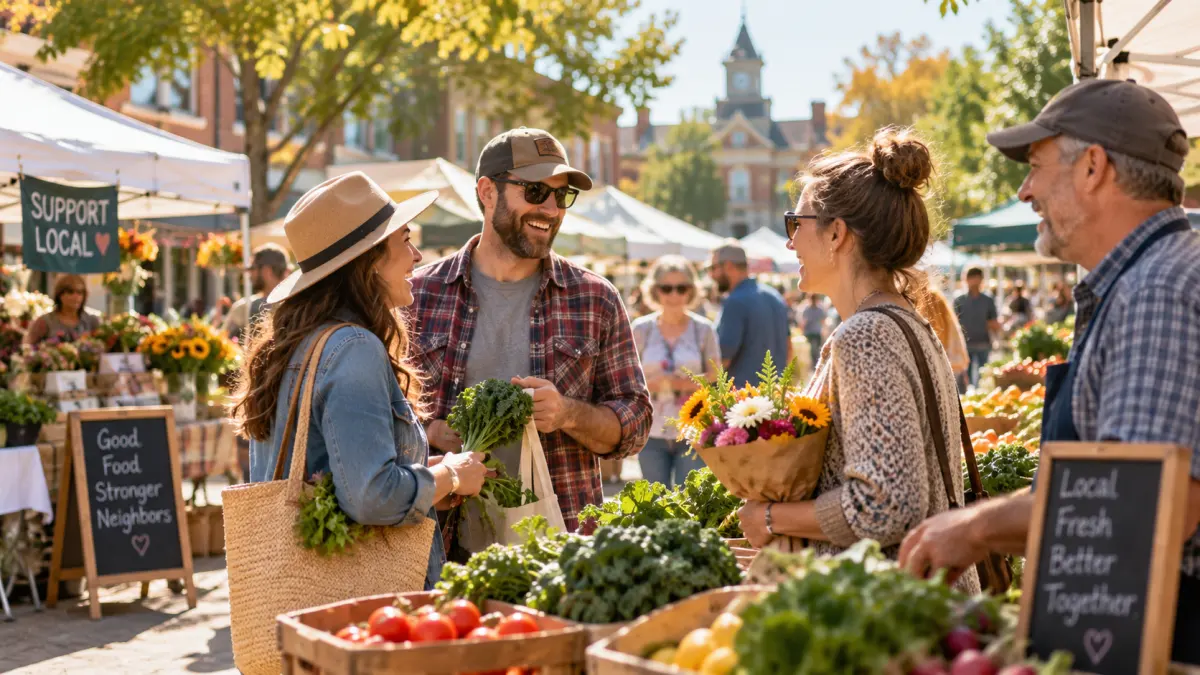 Neighbors chatting together at a small-town farmers market