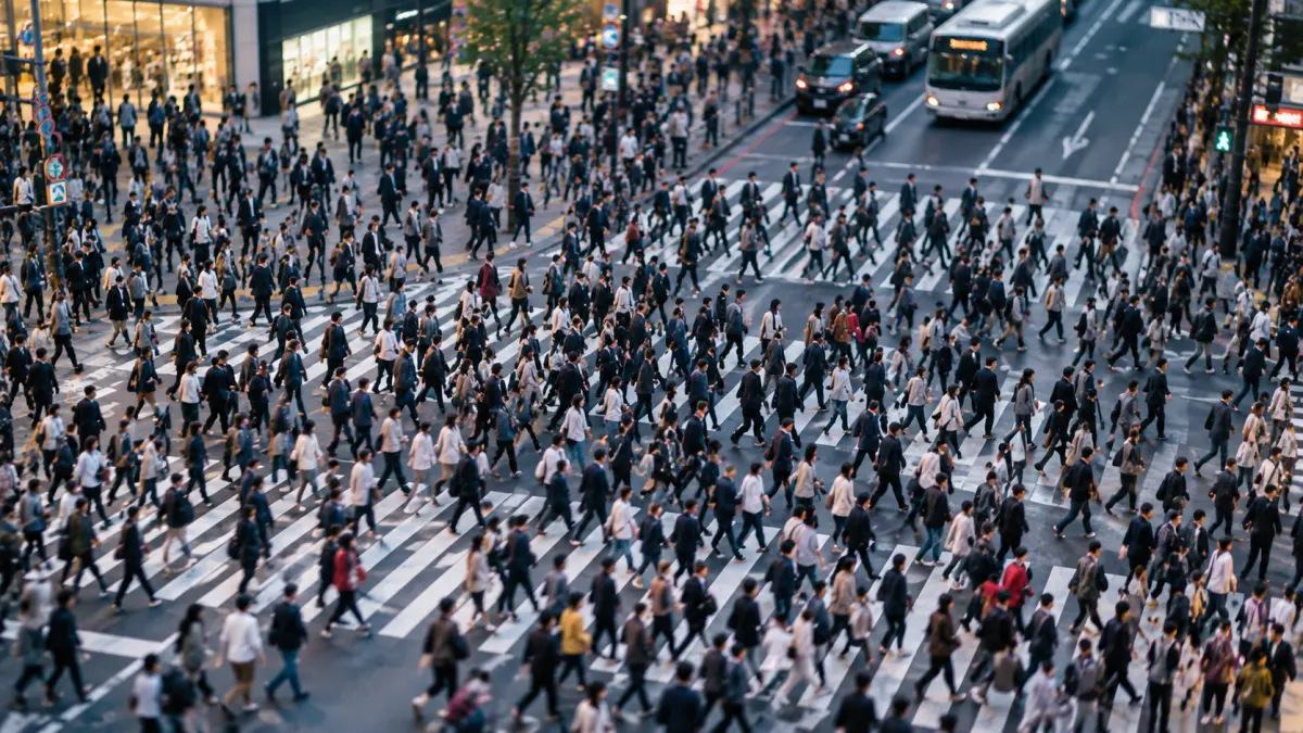 A huge anonymous crowd spread across a big city