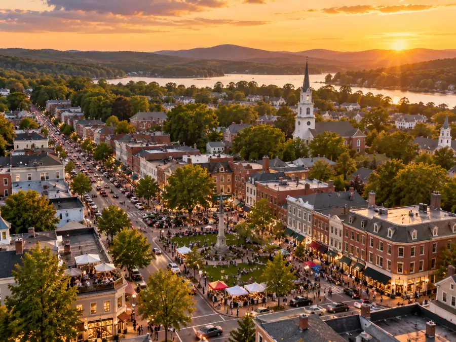 An aerial view of a whole town at golden hour