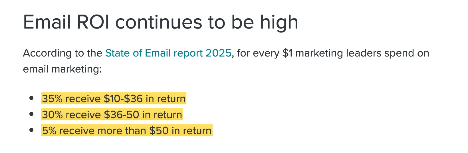 Litmus source: 35% receive $10–$36, 30% receive $36–$50 and 5% receive more than $50 in return