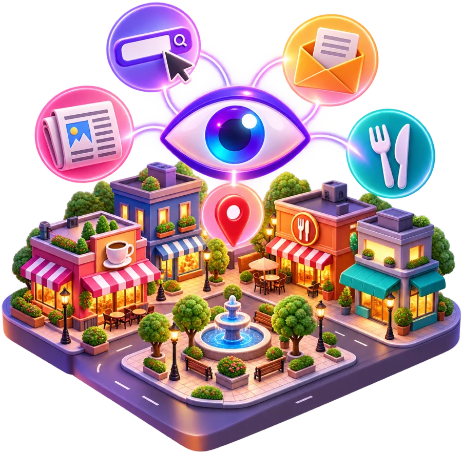 A local town square with search, email, news and dining icons all drawn to one glowing eye
